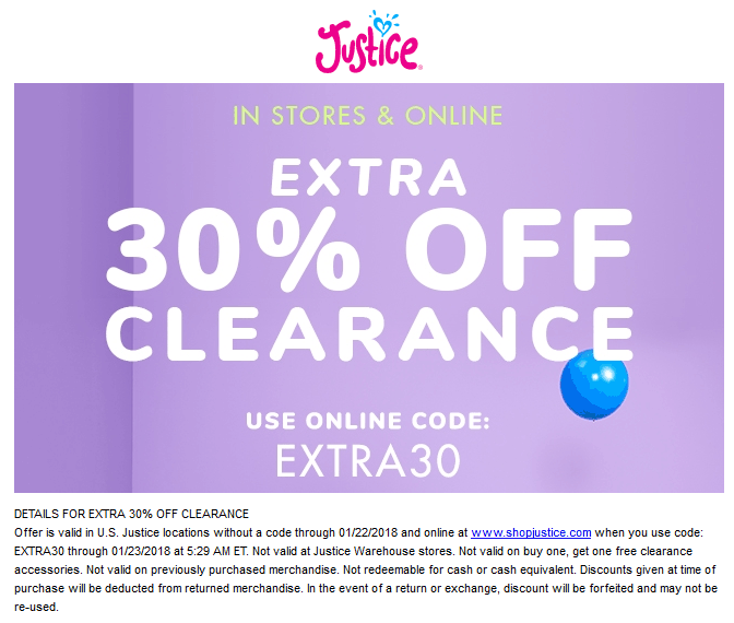 Justice Coupon March 2024 Extra 30% off clearance at Justice, or online via promo code EXTRA30