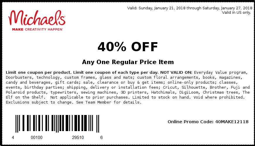 Michaels Coupon March 2024 40% off a single item at Michaels, or online via promo code 40MAKE12118