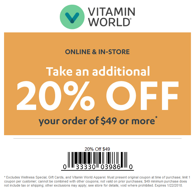 Vitamin World Coupon April 2024 20% off $49 at Vitamin World, or online via promo code VE01A10
