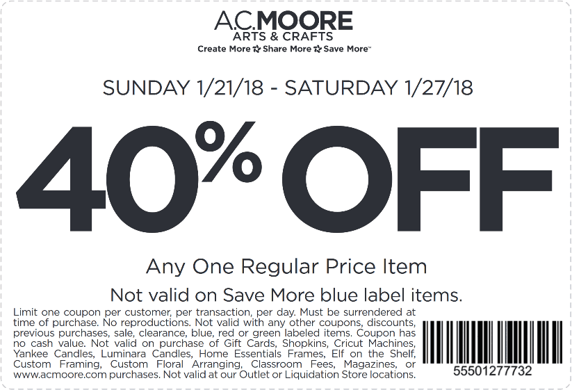 A.C. Moore Coupon March 2024 40% off a single item at A.C. Moore