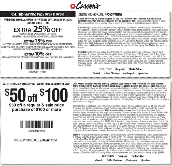 Carsons Coupon April 2024 $50 off $100 & more at Carsons, Bon Ton & sister stores, or online via promo code Z50SAVINGS1