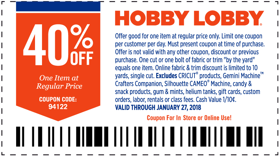 Hobby Lobby Coupon March 2024 40% off a single item at Hobby Lobby, or online via promo code 94122