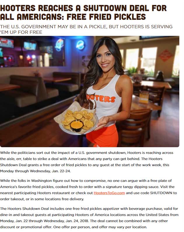 Hooters Coupon April 2024 Free fried pickles with your drink at Hooters