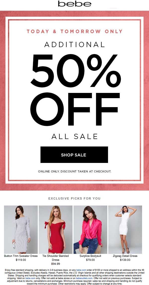 Bebe Coupon April 2024 Extra 50% off sale items online at Bebe