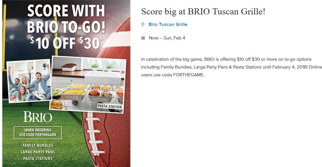 Brio Tuscan Grille Coupon April 2024 Takeout is $10 off $30 at BRIO Tuscan Grille via promo code FORTHEGAME