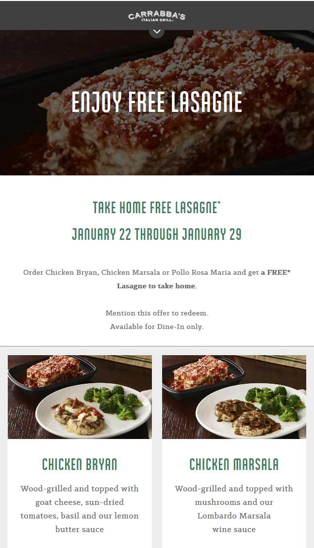 Carrabbas Coupon April 2024 Free takeout lasagne with your chicken at Carrabbas restaurants