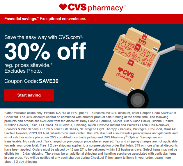CVS Pharmacy Coupon April 2024 30% off online at CVS Pharmacy via promo code SAVE30