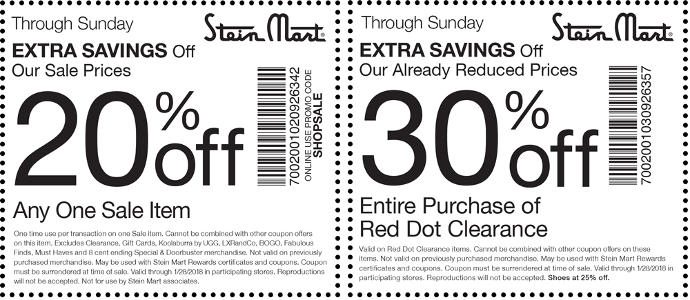 Stein Mart Coupon March 2024 20% off a single sale item & more at Stein Mart, or online via promo code SHOPSALE