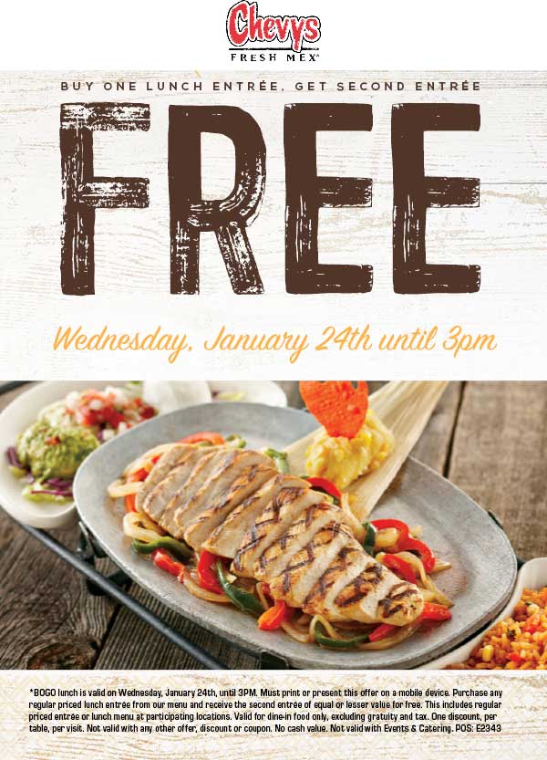 Chevys Fresh Mex Coupon April 2024 Second lunch free today at Chevys Fresh Mex
