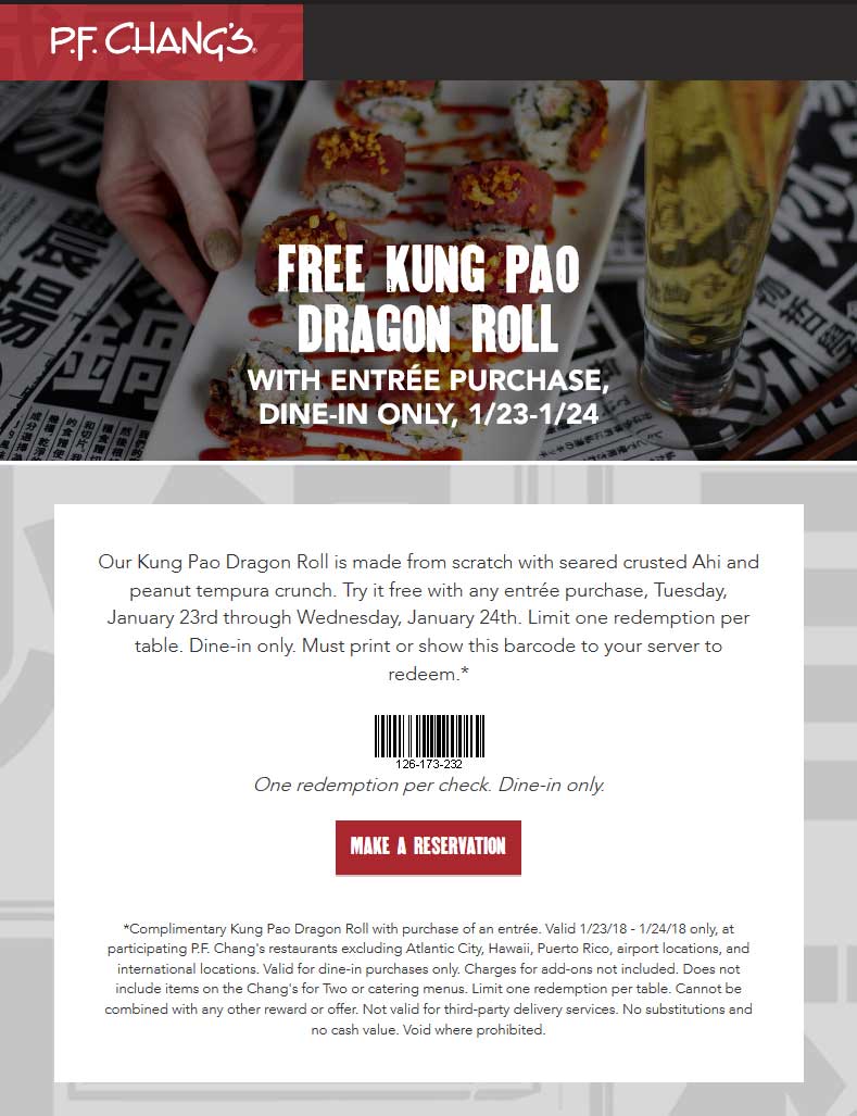 P.F. Changs Coupon April 2024 Free dragon roll with your entree today at P.F. Changs