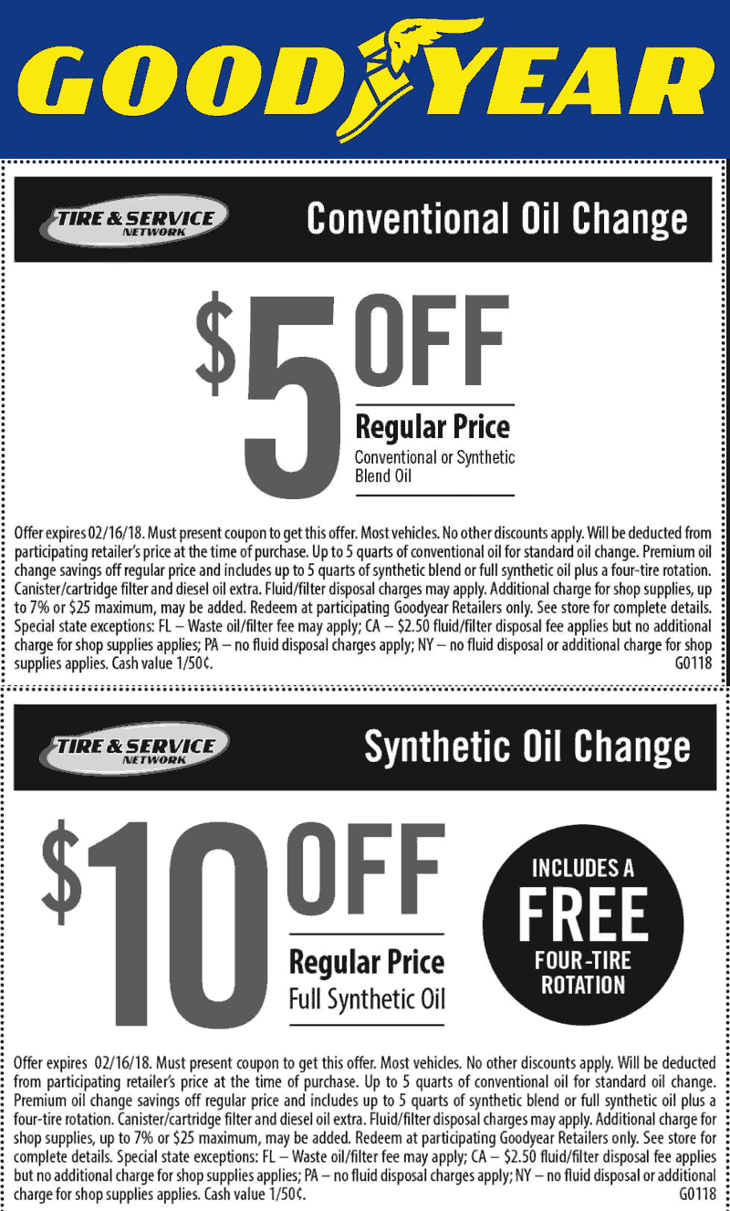 Goodyear Coupon April 2024 $5-$10 off an oil change at Goodyear