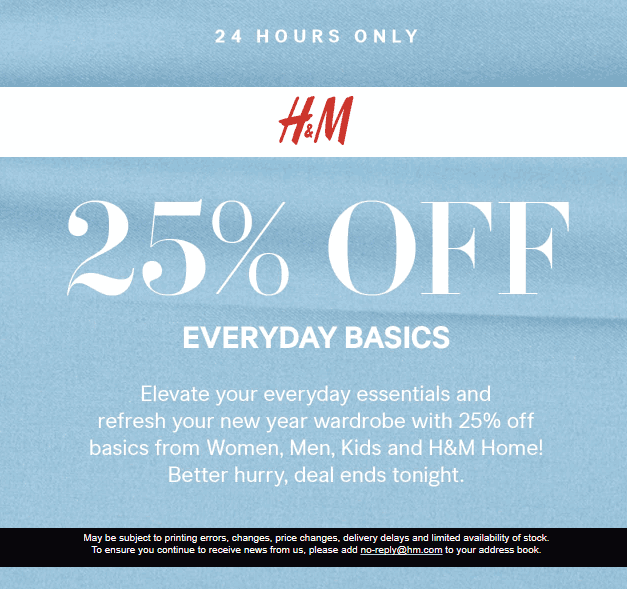 H&M Coupon April 2024 25% off basics today at H&M, or online + free shipping over $40 via promo 0040