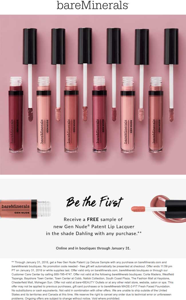 bareMinerals Coupon April 2024 Free patent lip lacquer with any purchase at bareMinerals, ditto online