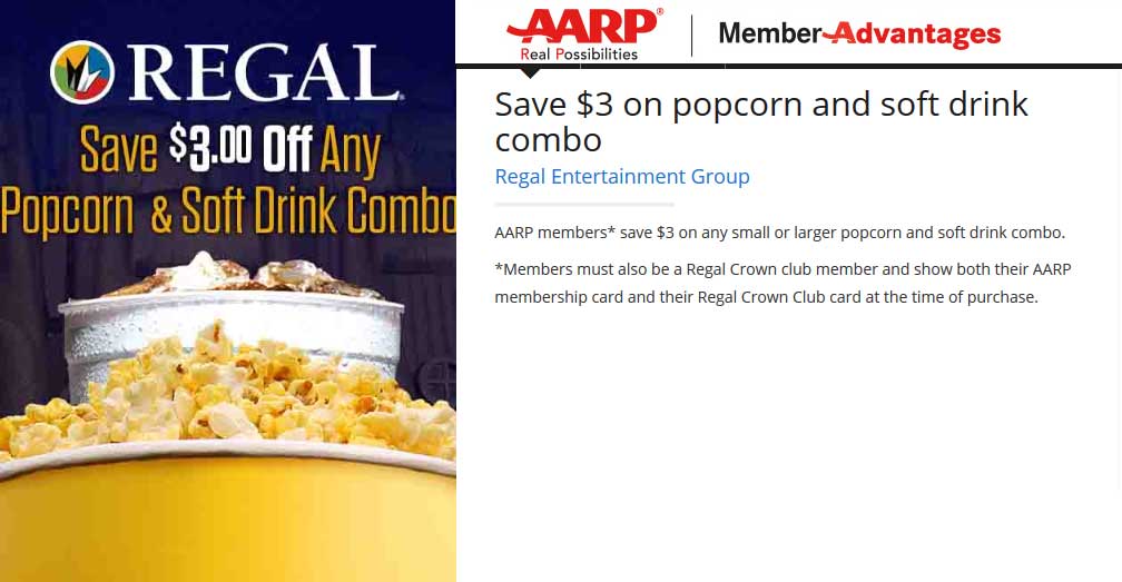 AARP Coupon April 2024 AARP enjoy $3 off popcorn & drink at Regal theaters