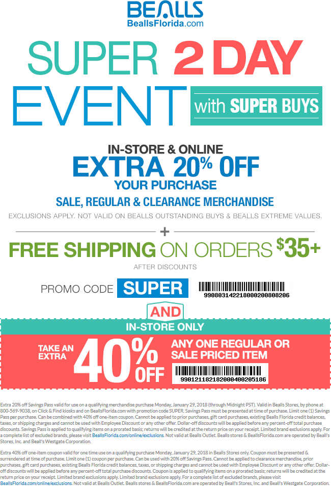 Bealls Coupon April 2024 Extra 20% off & more today at Bealls, or online via promo code SUPER