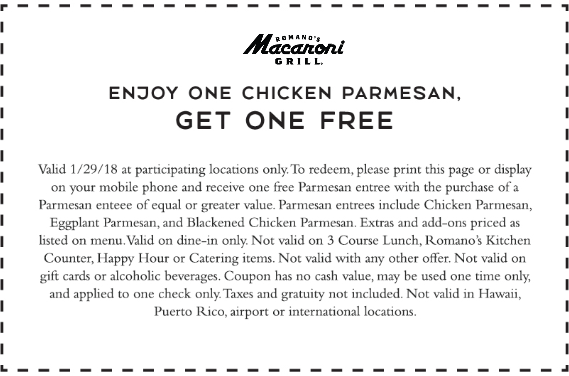 Macaroni Grill Coupon April 2024 Second chicken parmesan free today at Macaroni Grill restaurants