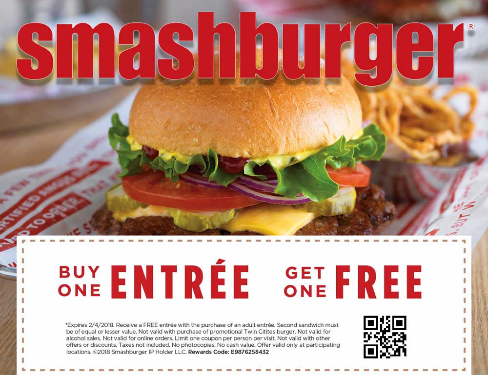 Smashburger Coupon March 2024 Second entree free at Smashburger