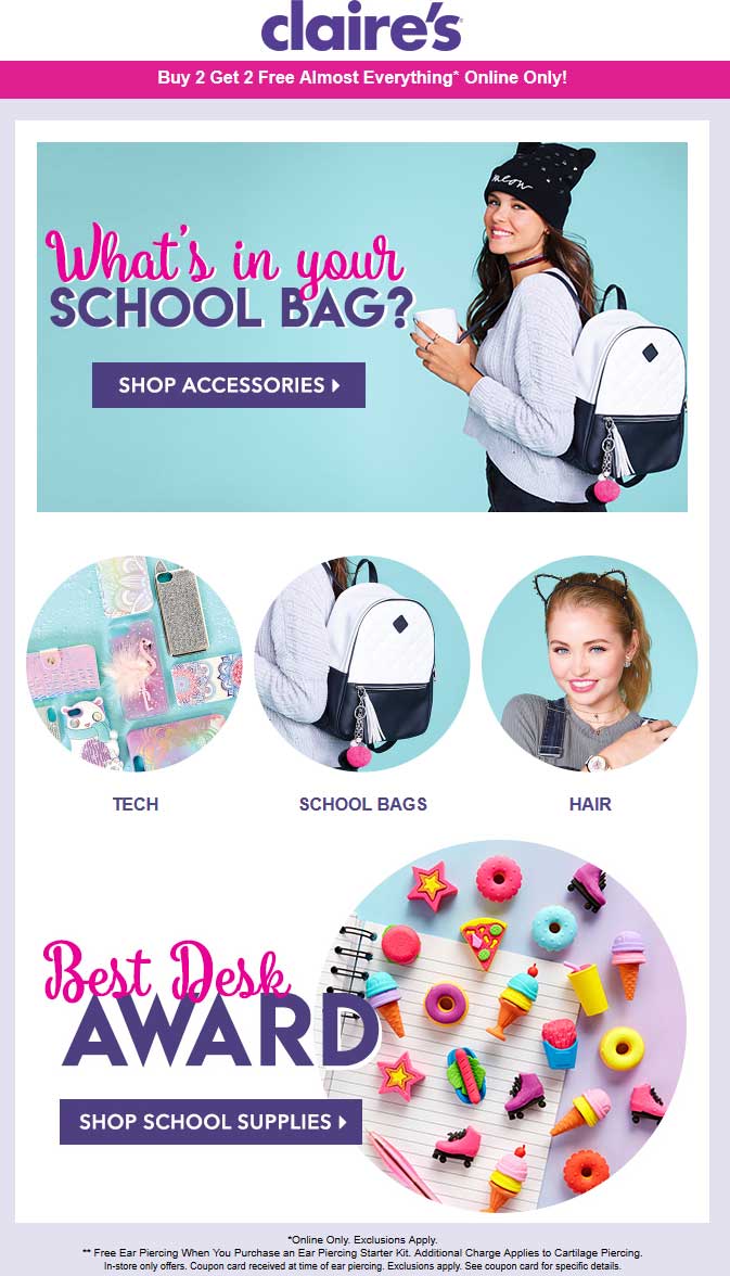 Claires Coupon April 2024 4-for-2 on everything online at Claires