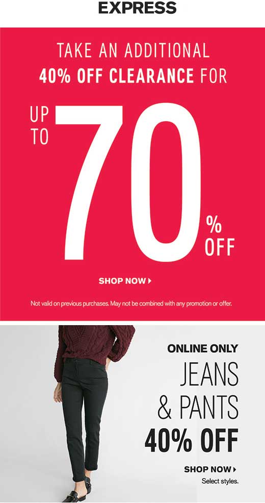 Express Coupon April 2024 Extra 40% off clearance at Express, ditto online