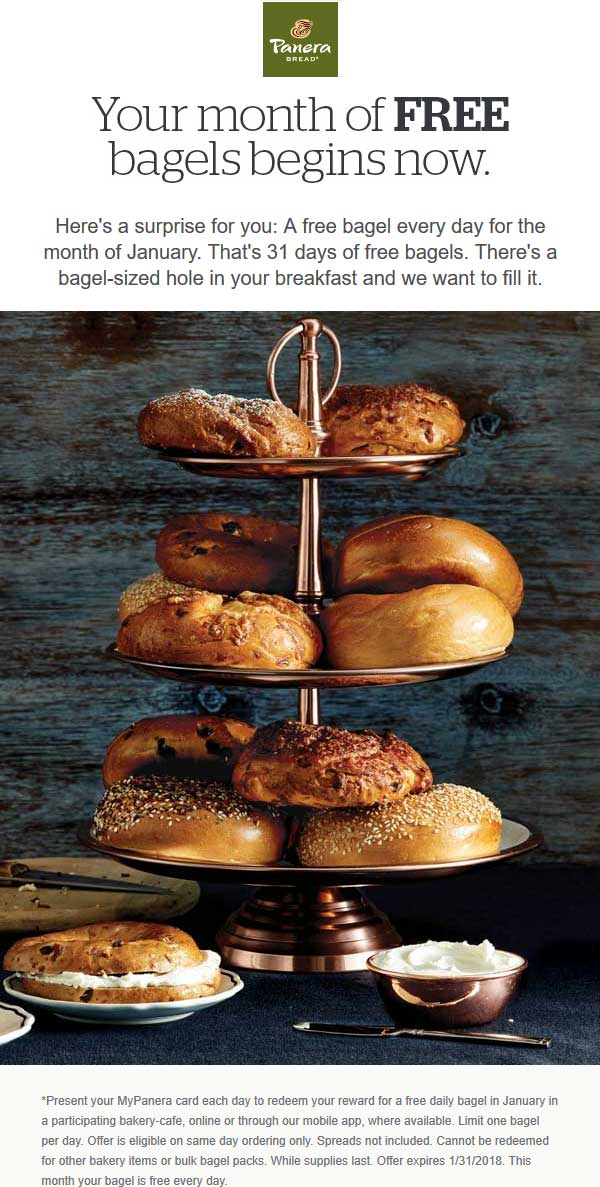 Panera Bread Coupon April 2024 Free bagel daily all month at Panera Bread