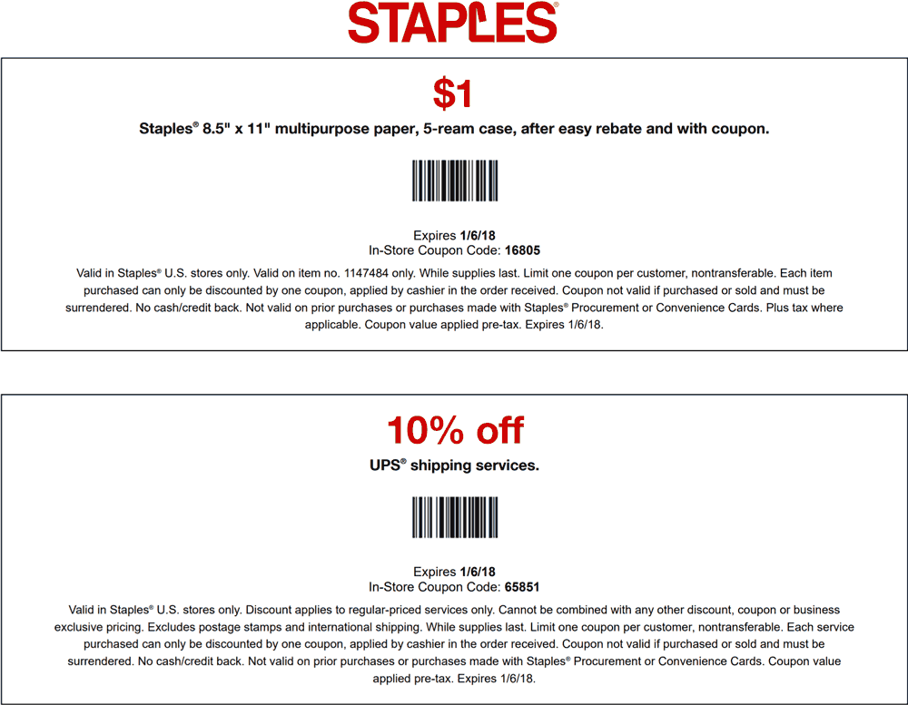 Staples Coupon April 2024 $1 ream of paper + 10% off UPS shipping at Staples
