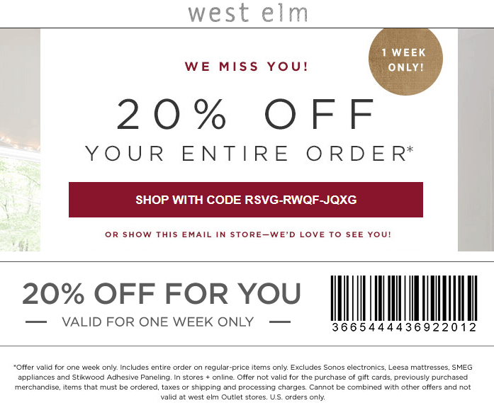 West Elm Coupon April 2024 20% off at West Elm, or online via promo code RSVG-RWQF-JQXG
