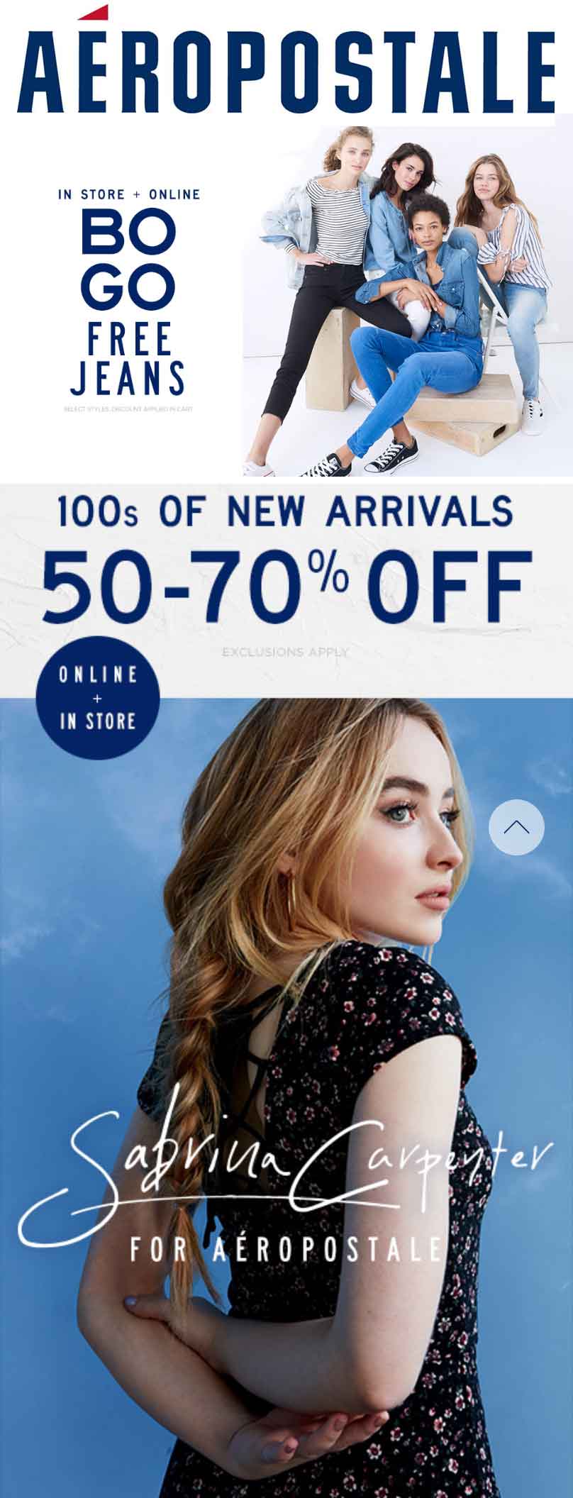 Aeropostale Coupon April 2024 Second pair of jeans free at Aeropostale, ditto online