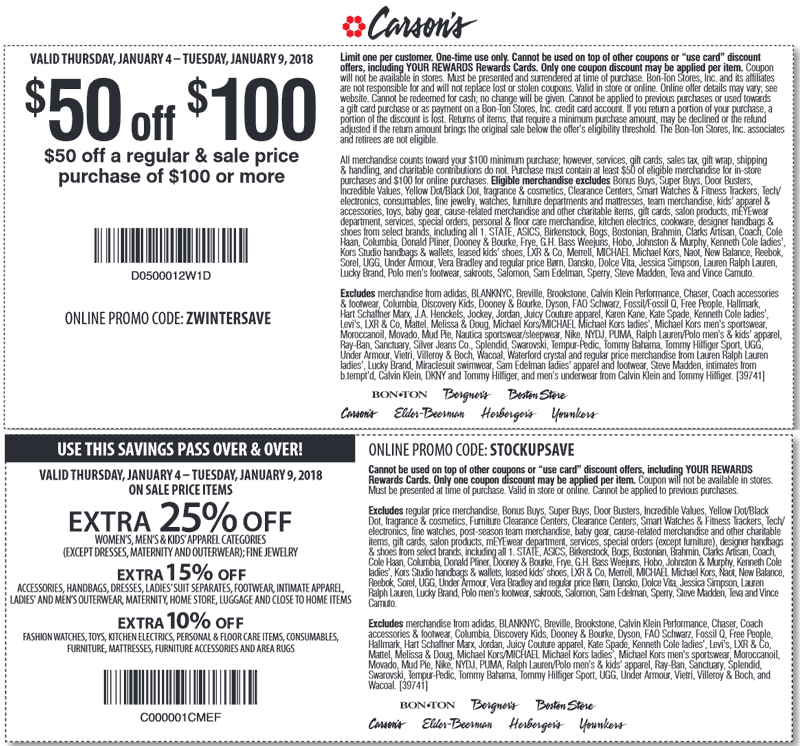 Carsons Coupon April 2024 $50 off $100 & more at Carsons, Bon Ton & sister stores, or online via promo code ZWINTERSAVE