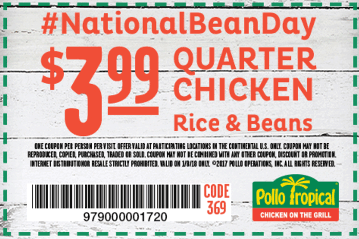 Pollo Tropical Coupon April 2024 Quarter chicken + rice & beans = $4 Monday at Pollo Tropical restaurants
