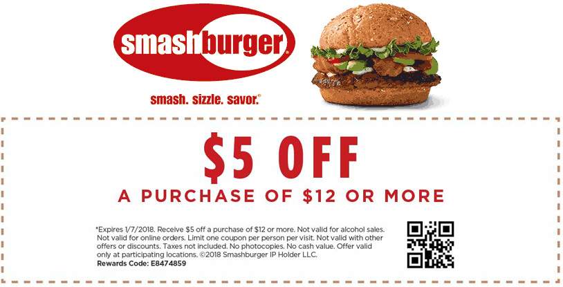 Smashburger Coupon April 2024 $5 off $12 at Smashburger restaurants