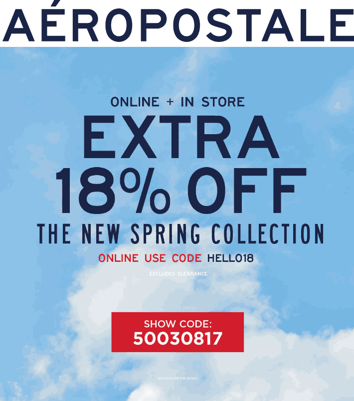 Aeropostale Coupon April 2024 18% off at Aeropostale, or online via promo code HELLO18