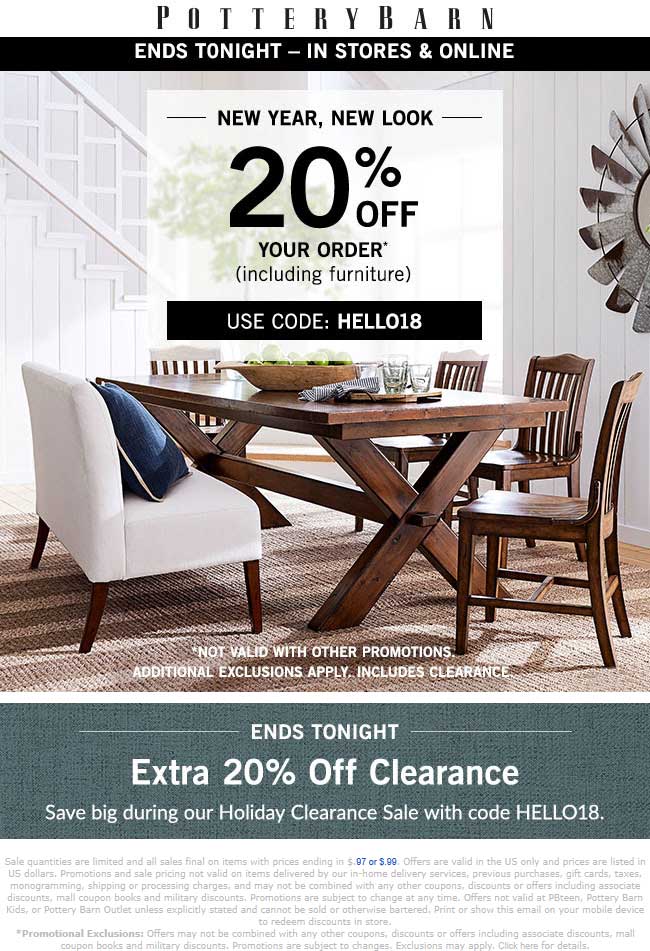 Pottery Barn Coupon April 2024 20% off today at Pottery Barn, or online via promo code HELLO18