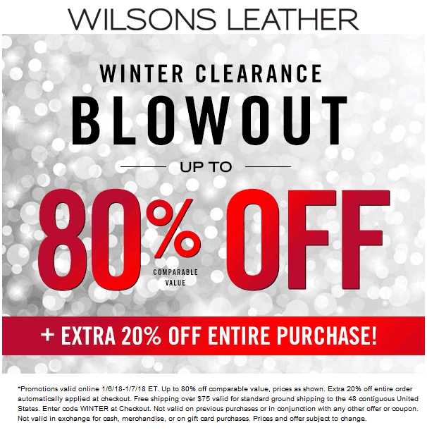 Wilsons Leather Coupon March 2024 Extra 20% off today at Wilsons Leather, or online via promo code WINTER