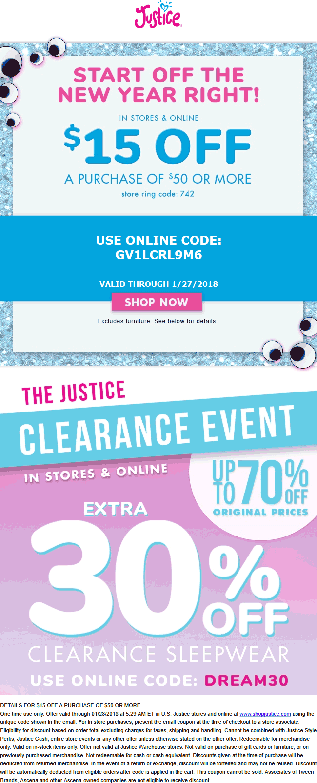 Justice Coupon April 2024 $15 off $50 at Justice, or online via promo code GV1LCRL9M6