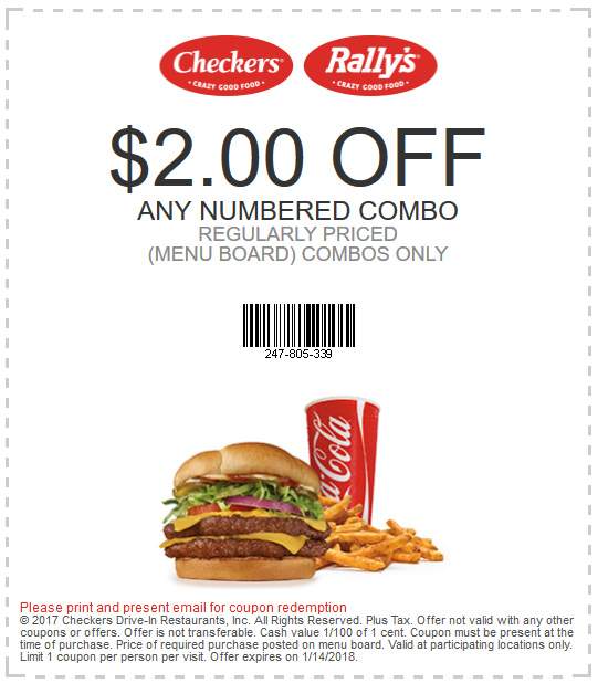 Checkers Coupon March 2024 $2 off your combo meal at Rallys & Checkers