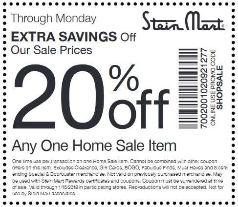 Stein Mart Coupon April 2024 20% off a single home item at Stein Mart, or online via promo code SHOPSALE
