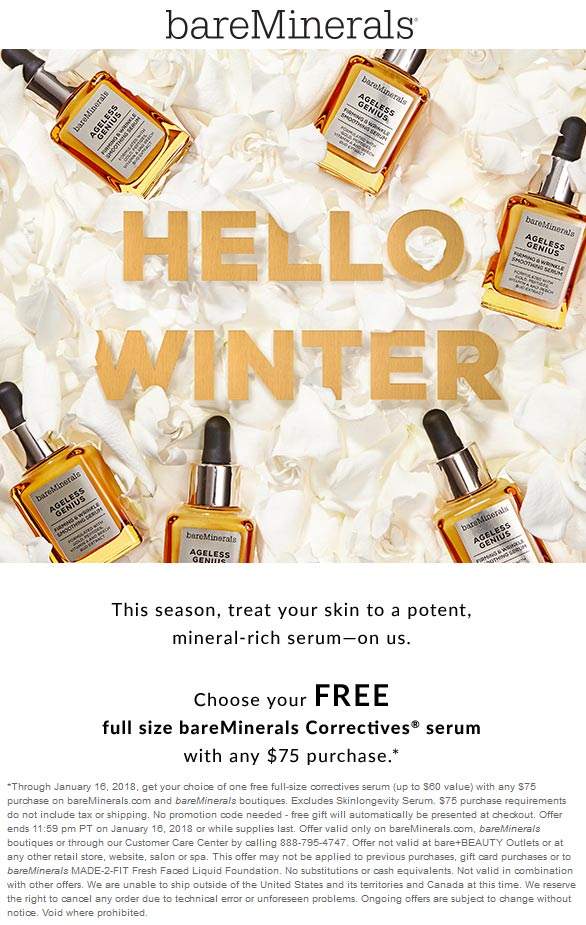 bareMinerals Coupon April 2024 $60 full size serum free with $75 spent at bareMinerals, ditto online