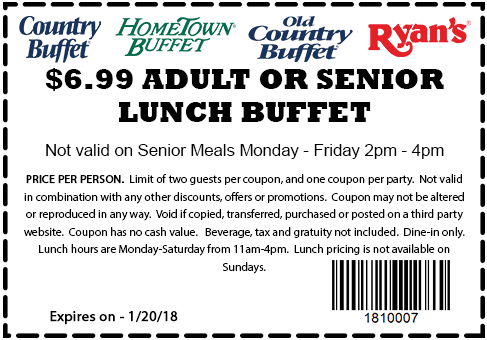 Old Country Buffet Coupon April 2024 $7 lunch at Ryans, HomeTown Buffet & Old Country Buffet
