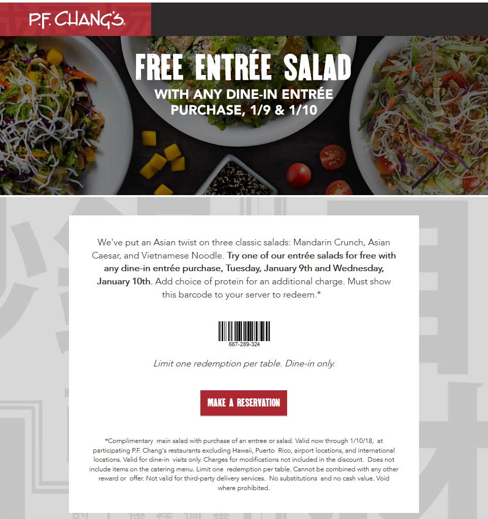 P.F. Changs Coupon April 2024 Second entree salad free today at P.F. Changs