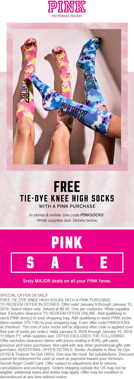 Victorias Secret Coupon March 2024 Free knee high socks with any purchase at Victorias Secret PINK, or online via promo code PINKSOCKS