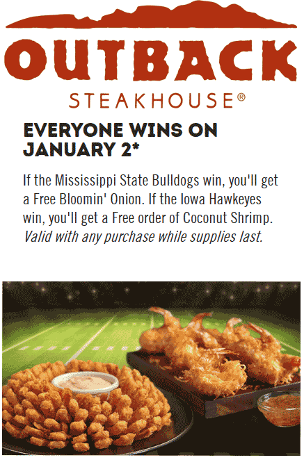 Outback Steakhouse Coupon April 2024 Free coconut shrimp or bloomin onion Wednesday at Outback Steakhouse