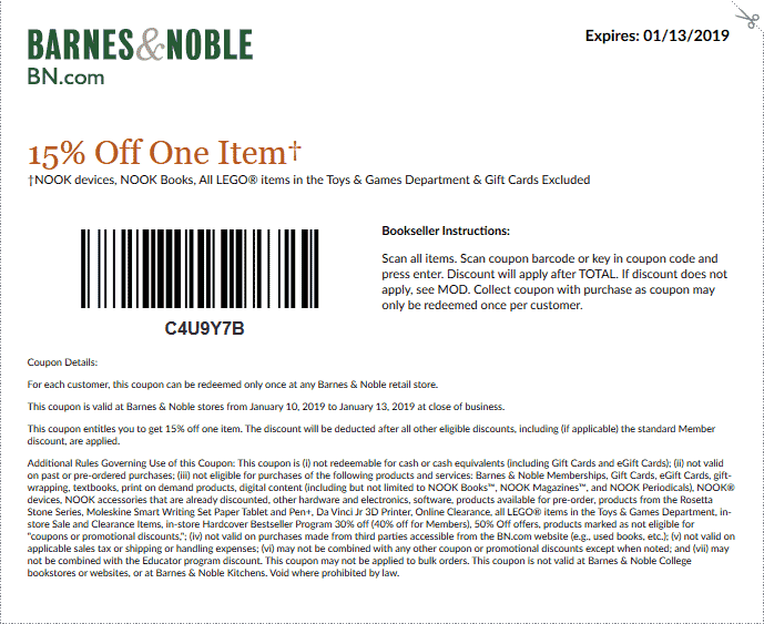 Barnes & Noble Coupon April 2024 15% off a single item at Barnes & Noble, or 10% the total online via promo code JANREADS