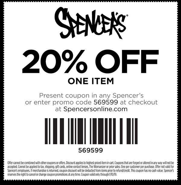 Spencers Coupon April 2024 20% off a single item at Spencers, or online via promo code 569599