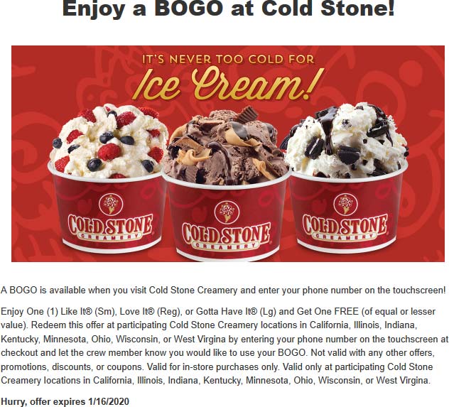 Cold Stone Creamery coupons & promo code for [January 2022]
