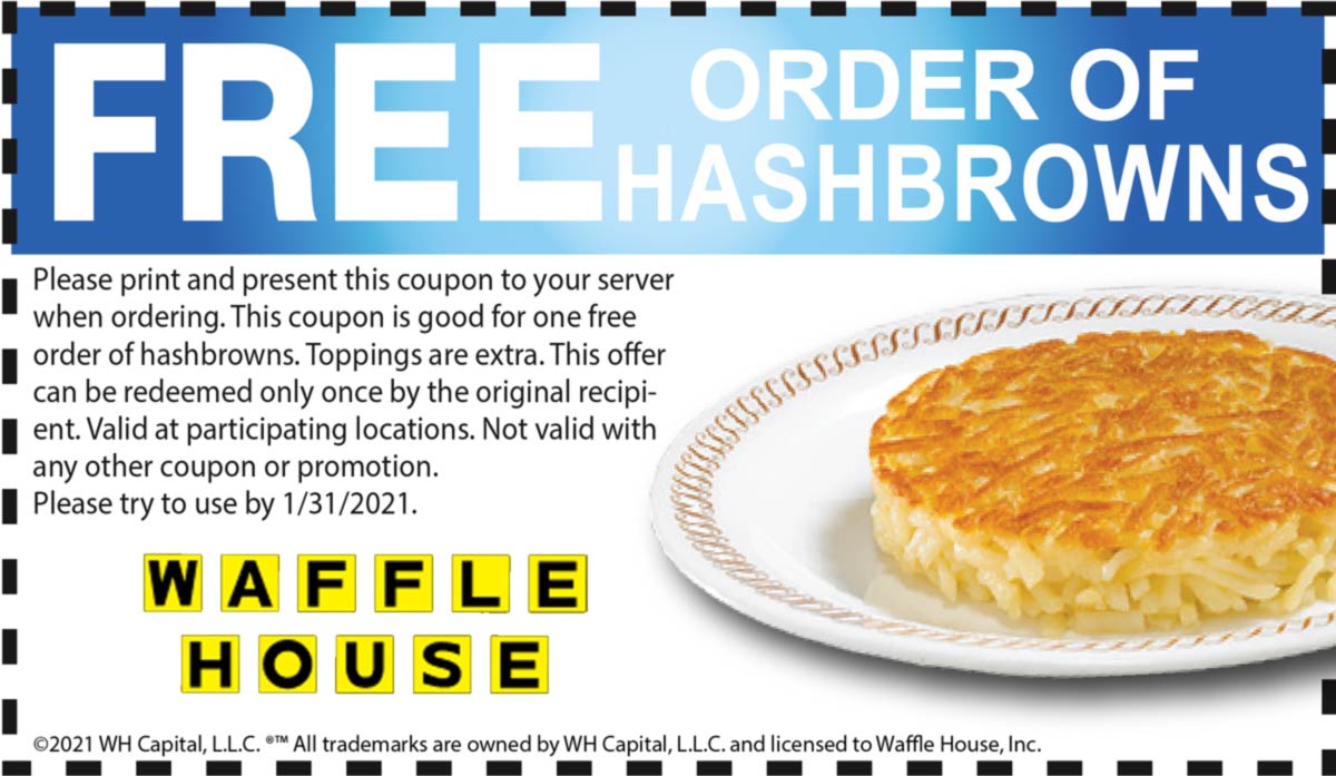 Waffle House restaurants Coupon  Free hashbrowns at Waffle House restaurants #wafflehouse 