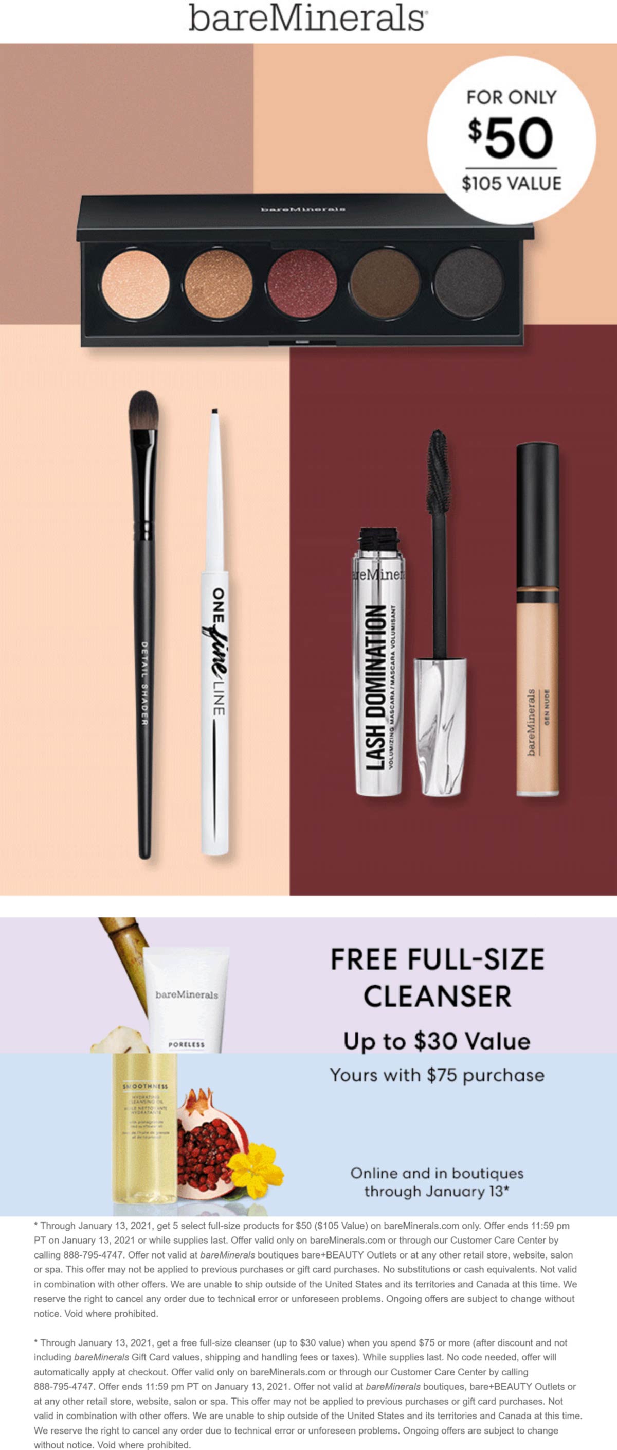 bareMinerals stores Coupon  Free $30 cleanser with $75 spent at bareMinerals cosmetics, ditto online #bareminerals 