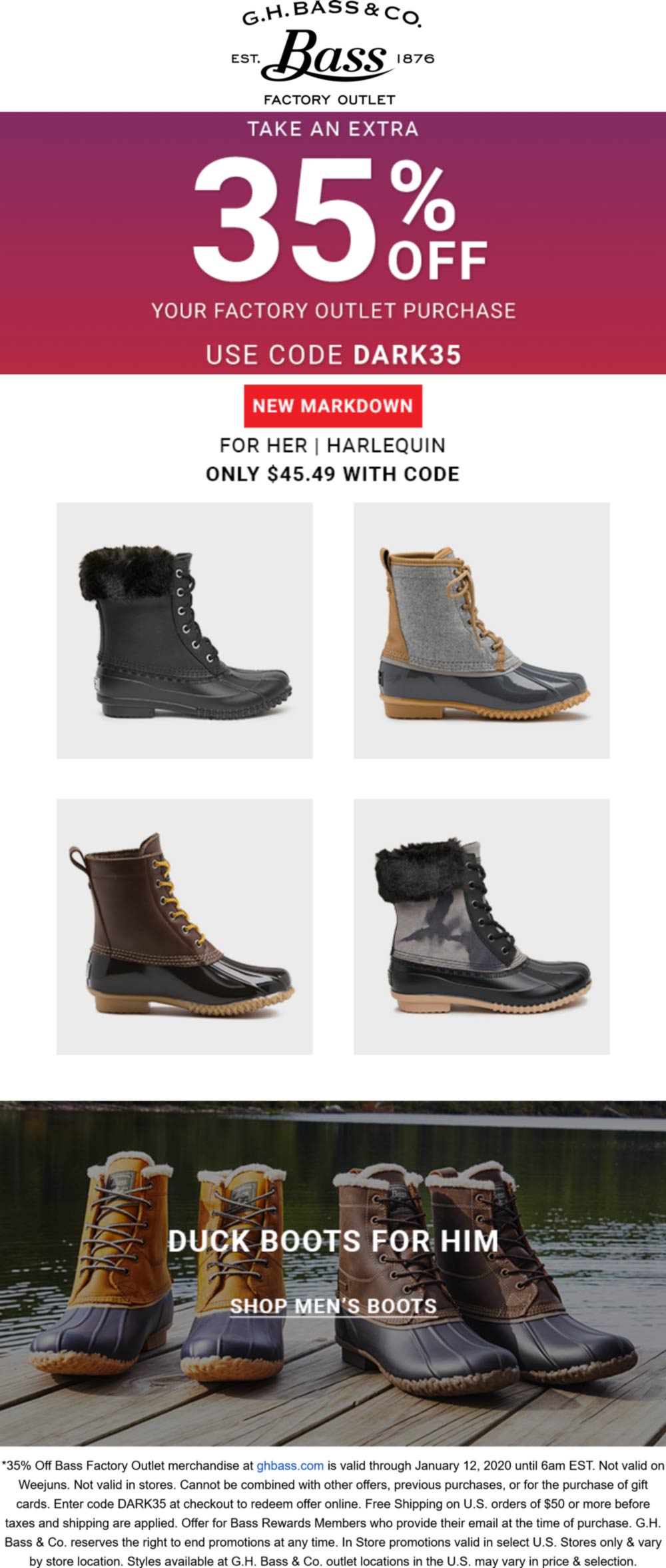 G.H. Bass & Co. Factory Outlet stores Coupon  Extra 35% off today at G.H. Bass & Co. Factory Outlet via promo code DARK35 #ghbasscofactoryoutlet 