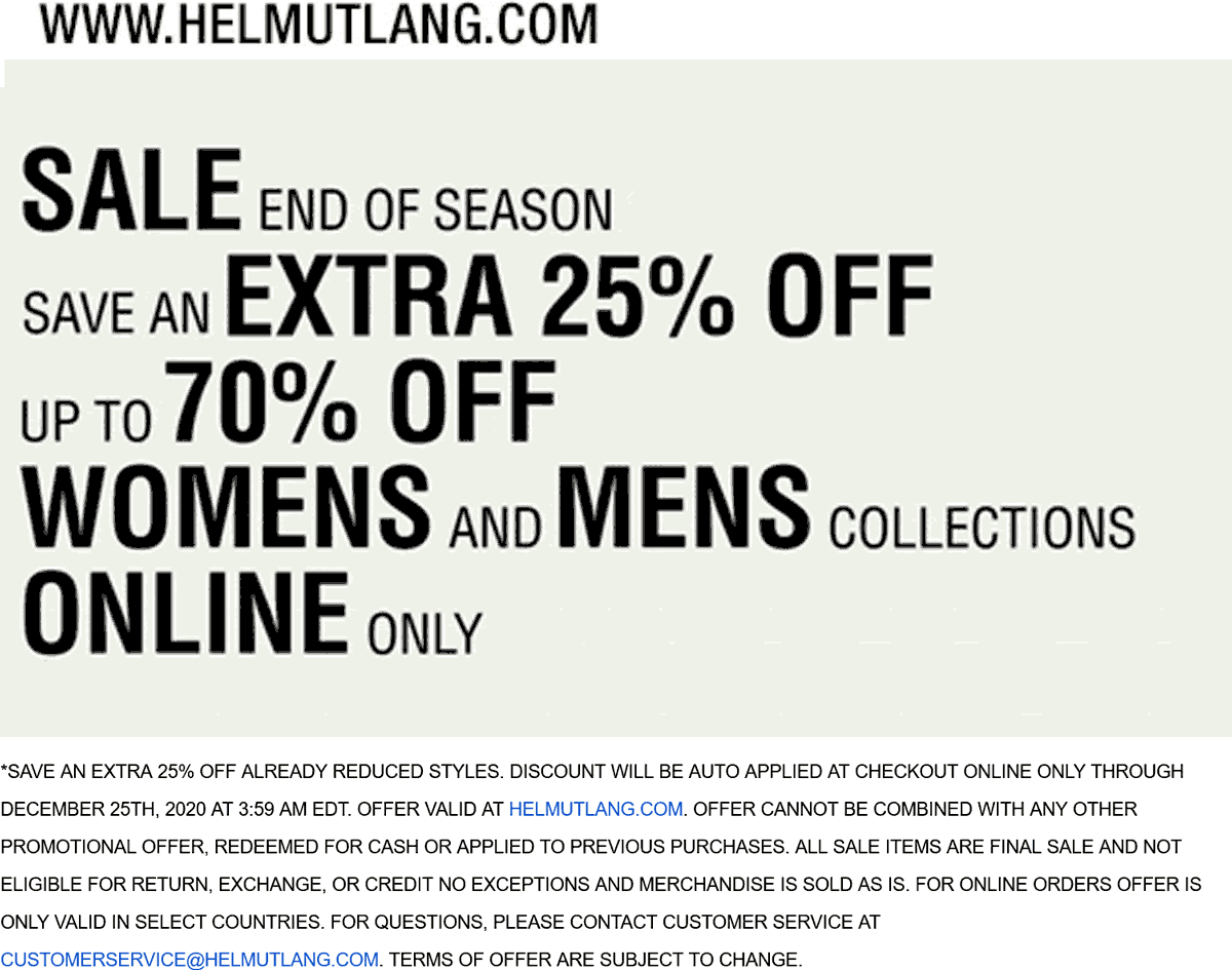 Helmut Lang stores Coupon  Extra 25% off sale items today online at Helmut Lang #helmutlang 