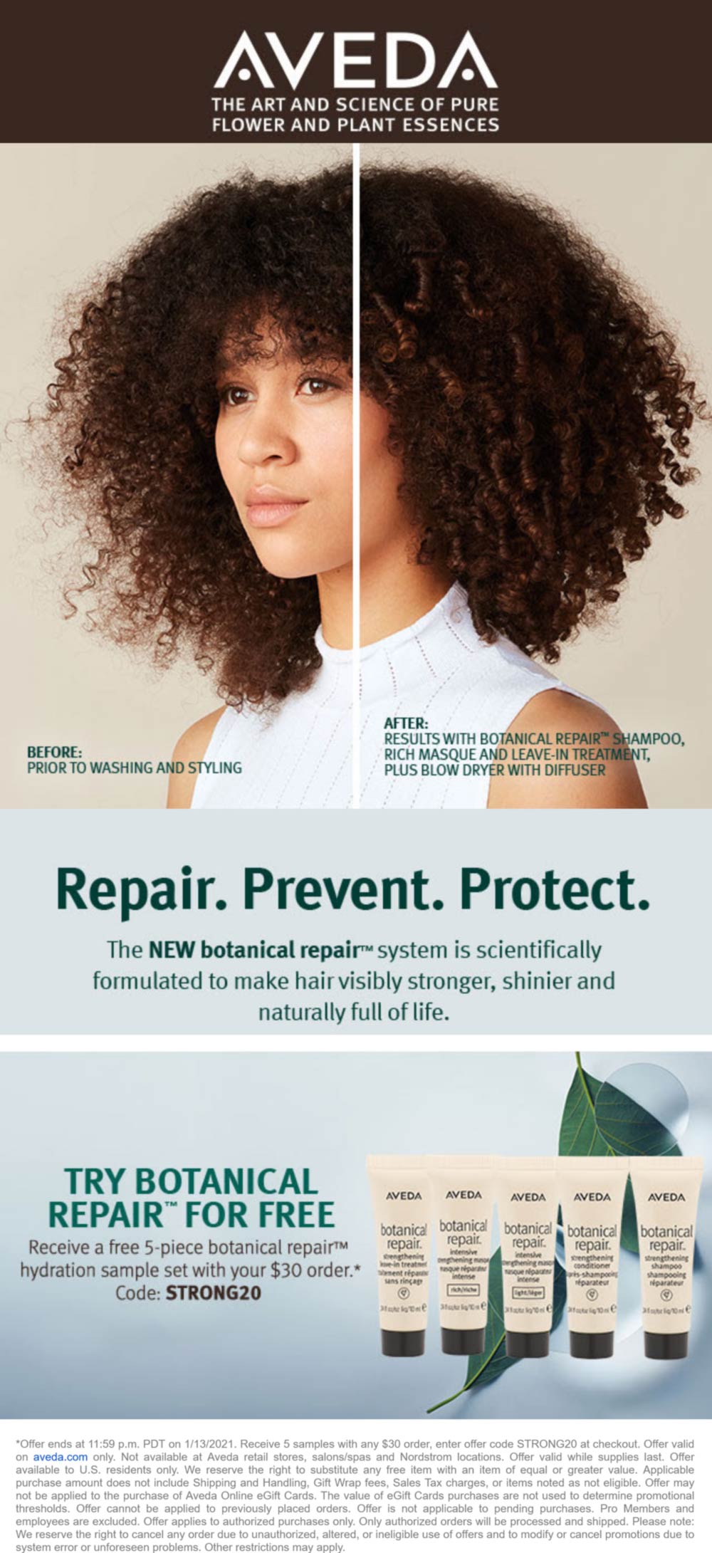 AVEDA stores Coupon  Free 5pc repair hydraton with $30 spent at AVEDA via promo code STRONG20 #aveda 