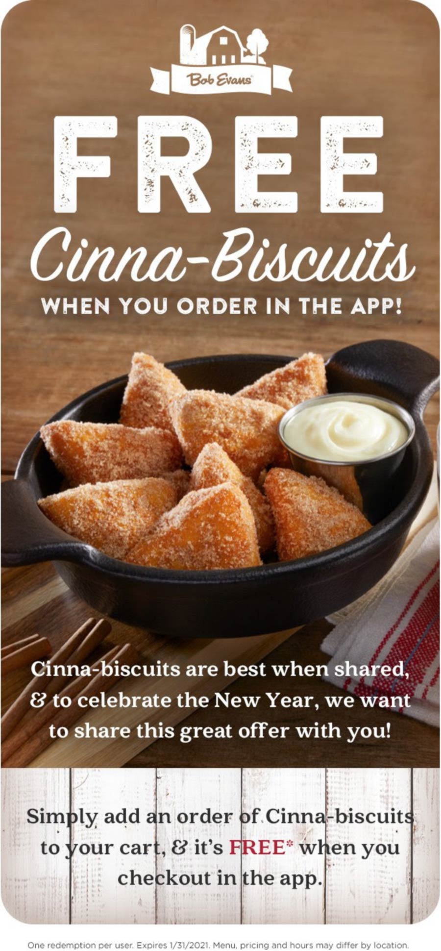 Bob Evans restaurants Coupon  Free cinna-biscuits with app orders at Bob Evans restaurants #bobevans 